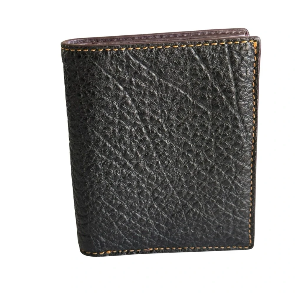 Coach Mens Black Pebble Leather Bifold Wallet Burgundy Interior Zipper Pocket